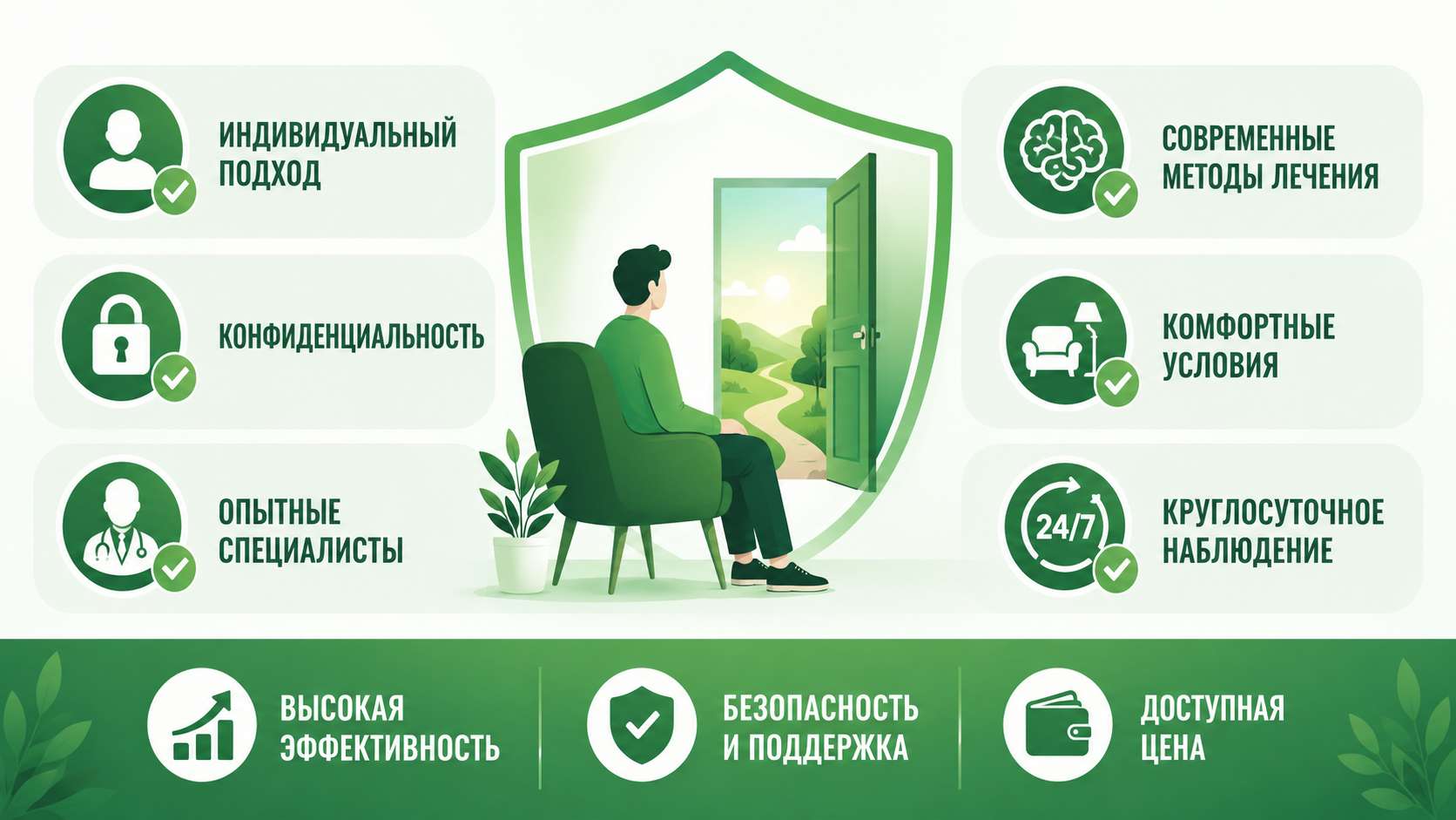 Инфографика о преимуществах лечения агорафобии в частной клинике: индивидуальный подход, конфиденциальность, опытные специалисты, современные методы, комфортные условия и круглосуточное наблюдение.